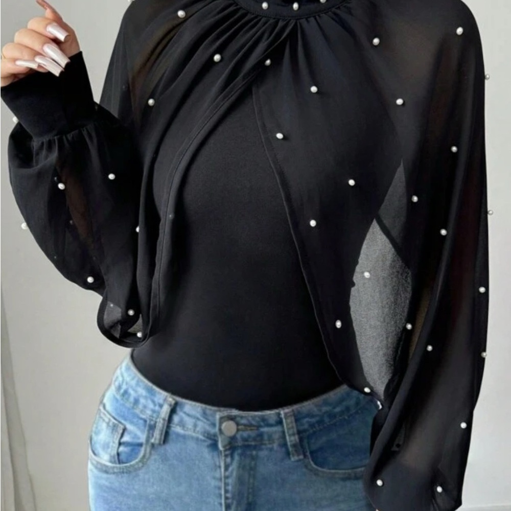 Elegant Black Sheer Pearl-Embellished Top